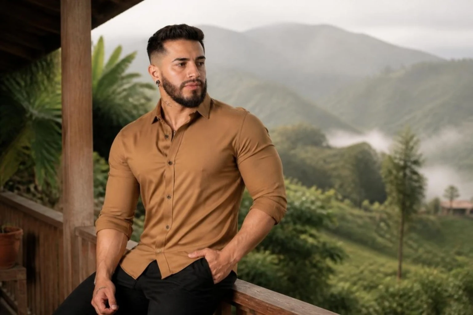 Camisa camel con las mangas recogidas en el balcón de una finca cafetera